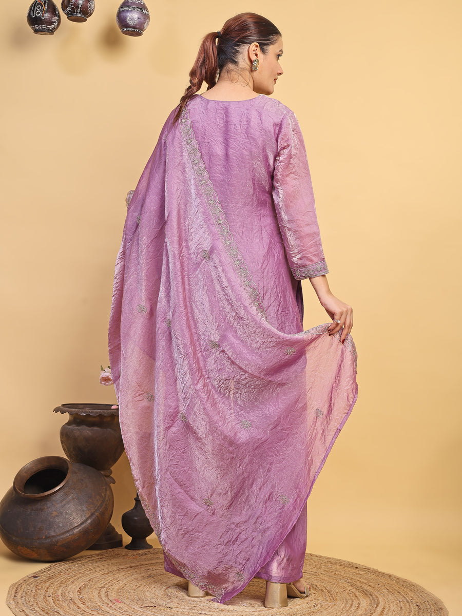 Women's Lavender Embroidered Kurta Pant Set with Matching Dupatta (RRRD56)