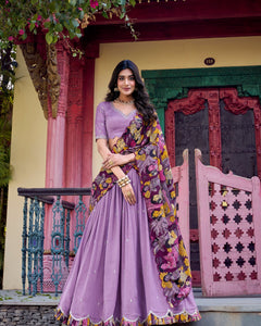 VICHITRA SILK THREAD EMBROIDERED AND KALAMKARI PRINTED LEHENGA CHOLI WITH DUPATTA (WDN89) 02