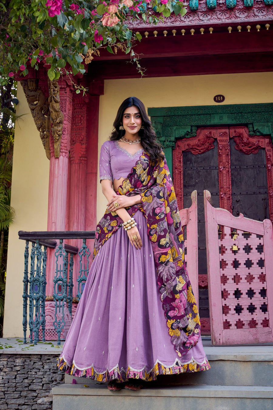 VICHITRA SILK THREAD EMBROIDERED AND KALAMKARI PRINTED LEHENGA CHOLI WITH DUPATTA (WDN89) 02