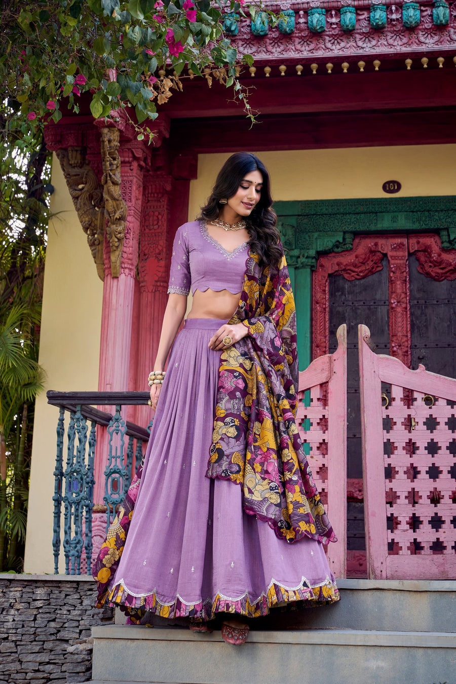 VICHITRA SILK THREAD EMBROIDERED AND KALAMKARI PRINTED LEHENGA CHOLI WITH DUPATTA (WDN89) 02