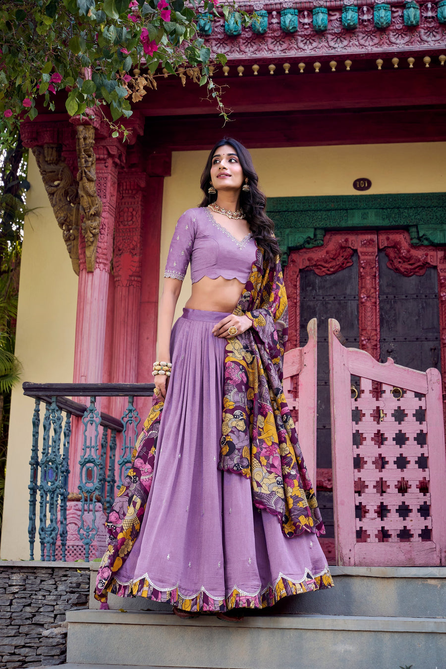 VICHITRA SILK THREAD EMBROIDERED AND KALAMKARI PRINTED LEHENGA CHOLI WITH DUPATTA (WDN89) 02