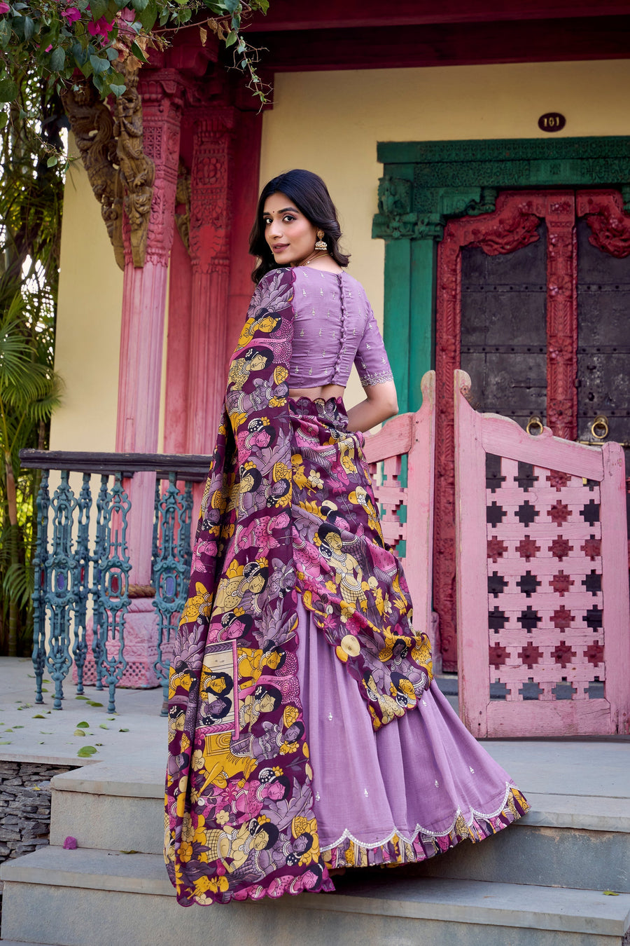 VICHITRA SILK THREAD EMBROIDERED AND KALAMKARI PRINTED LEHENGA CHOLI WITH DUPATTA (WDN89) 02