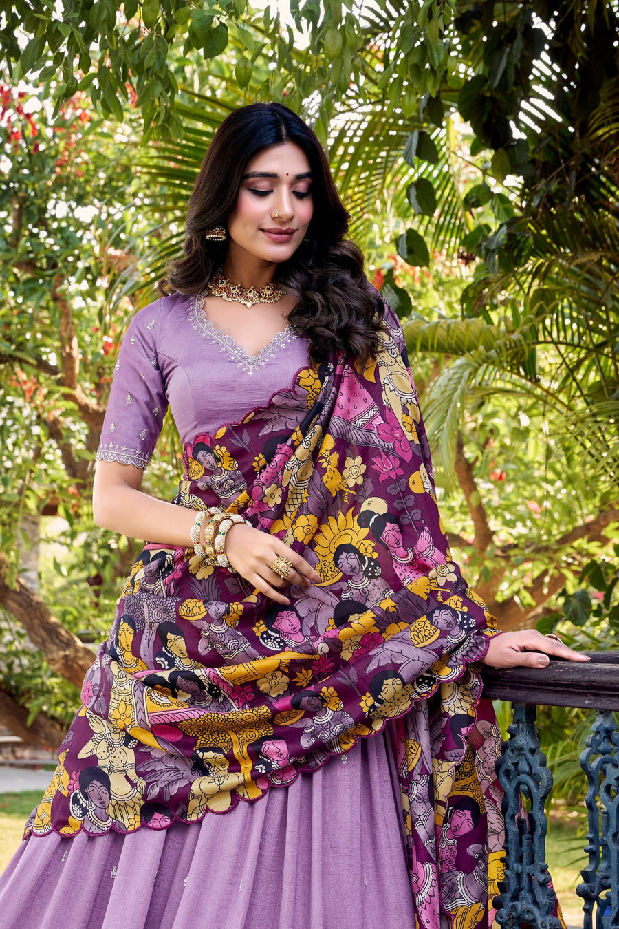 VICHITRA SILK THREAD EMBROIDERED AND KALAMKARI PRINTED LEHENGA CHOLI WITH DUPATTA (WDN89) 02