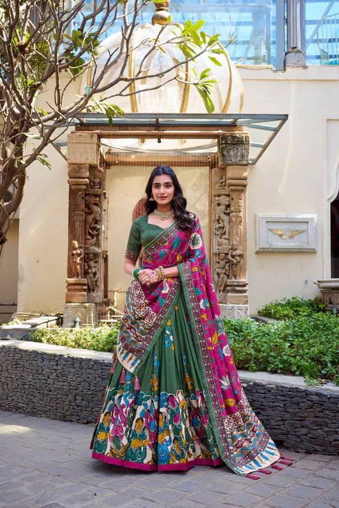 KALAMKARI TUSSAR SILK LEHENGA CHOLI WITH DUPATTA(WD100)