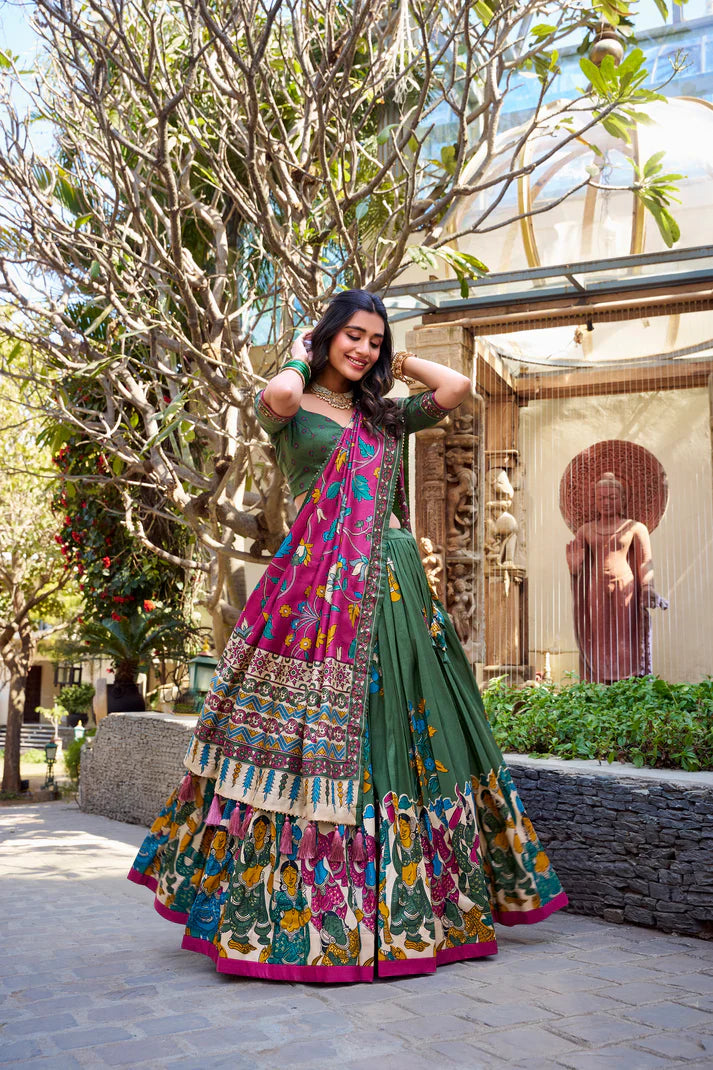 KALAMKARI TUSSAR SILK LEHENGA CHOLI WITH DUPATTA(WD100)