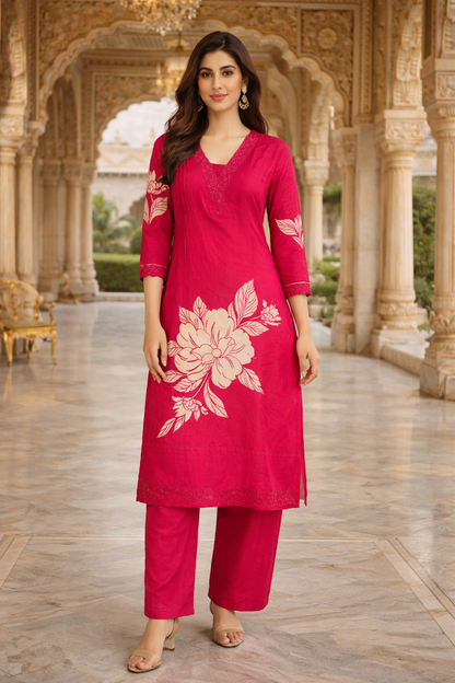 Elegant Red Floral Printed Kurta Set with Dupatta (SWDH16)