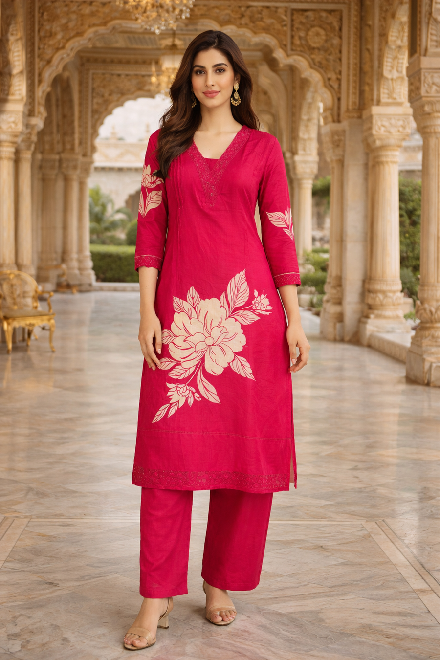 Elegant Red Floral Printed Kurta Set with Dupatta (SWDH16)
