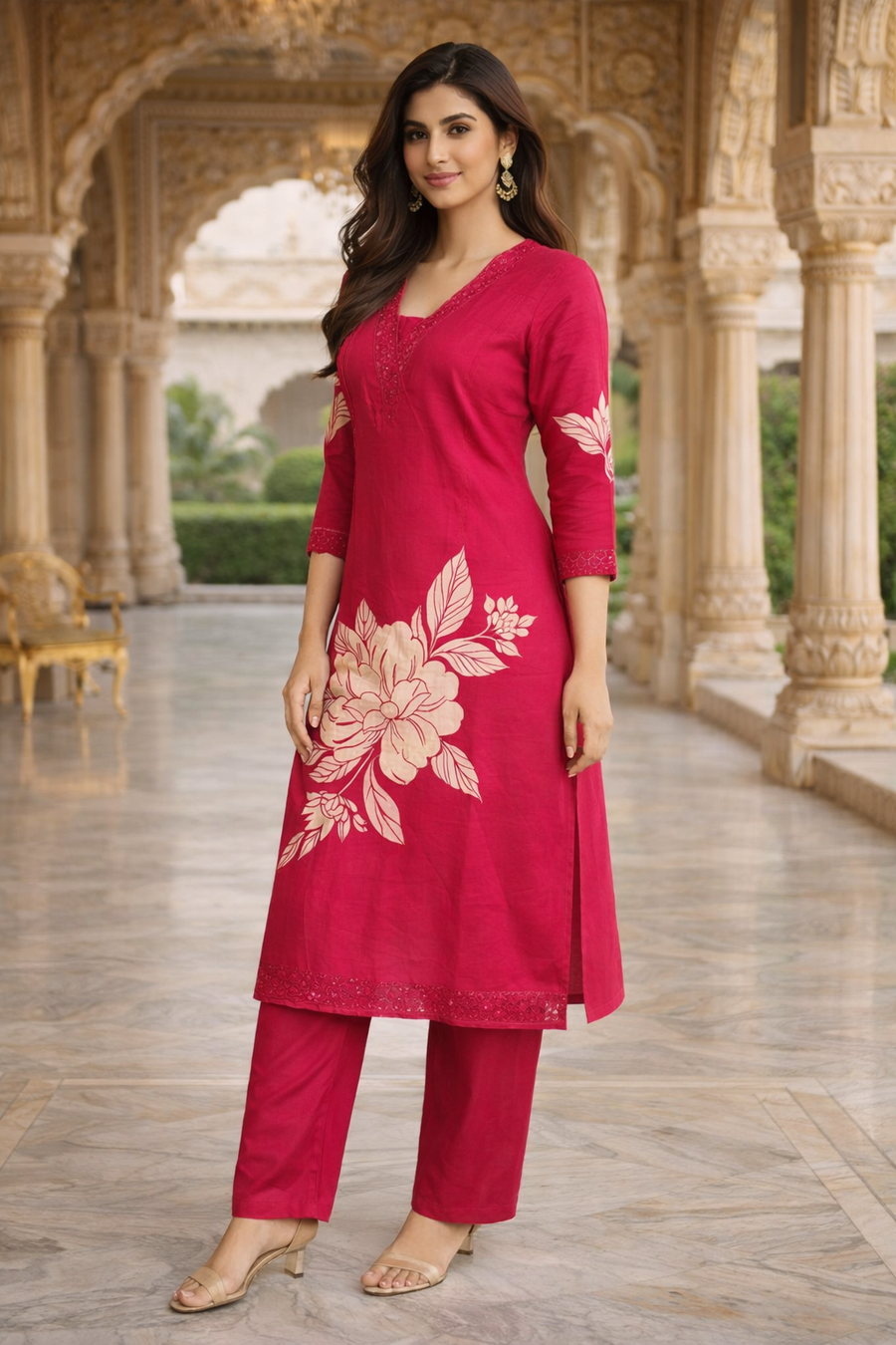 Elegant Red Floral Printed Kurta Set with Dupatta (SWDH16)