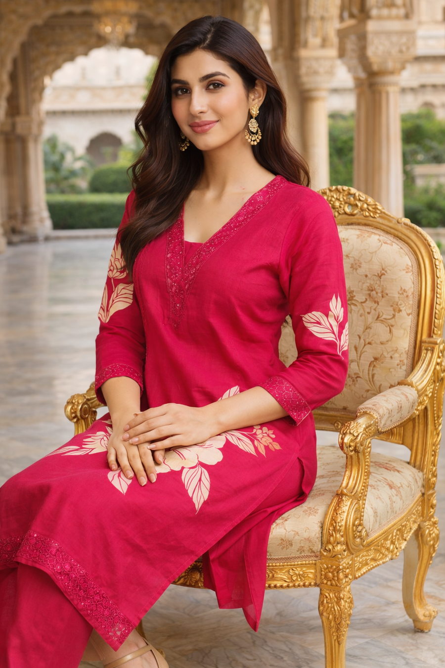 Elegant Red Floral Printed Kurta Set with Dupatta (SWDH16)