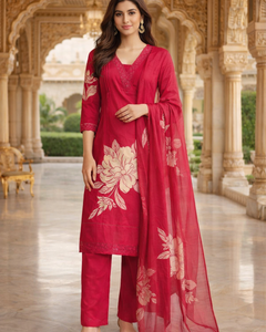 Elegant Red Floral Printed Kurta Set with Dupatta (SWDH16)