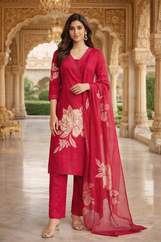 Elegant Red Floral Printed Kurta Set with Dupatta (SWDH16)