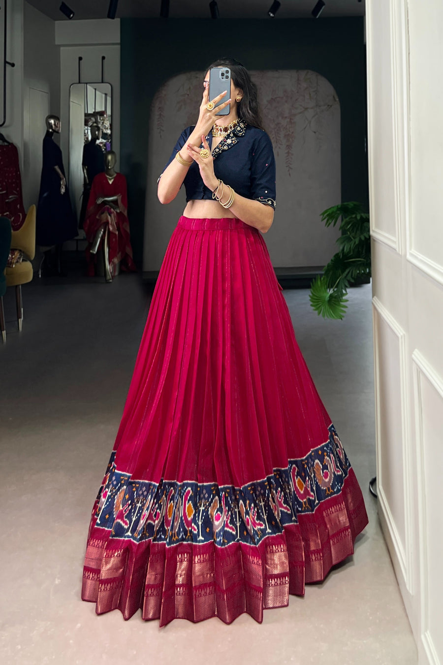POLY COTTON PRINTED ZARI WEAVING LEHENGA WITH PURE COTTON HAND WORK BLOUSE (WDN85)