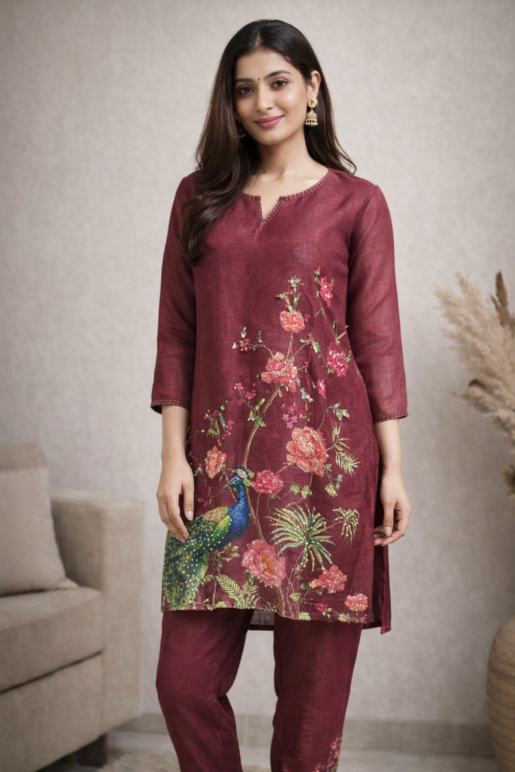 Maroon Floral Printed Kurta Set with Peacock Motif for Women (SWDH10)