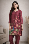 Maroon Floral Printed Kurta Set with Peacock Motif for Women (SWDH10)