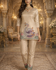 Beige Swan Motif Embroidered Kurta Set (SWDH19)