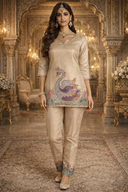 Beige Swan Motif Embroidered Kurta Set (SWDH19)