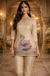 Beige Swan Motif Embroidered Kurta Set (SWDH19)