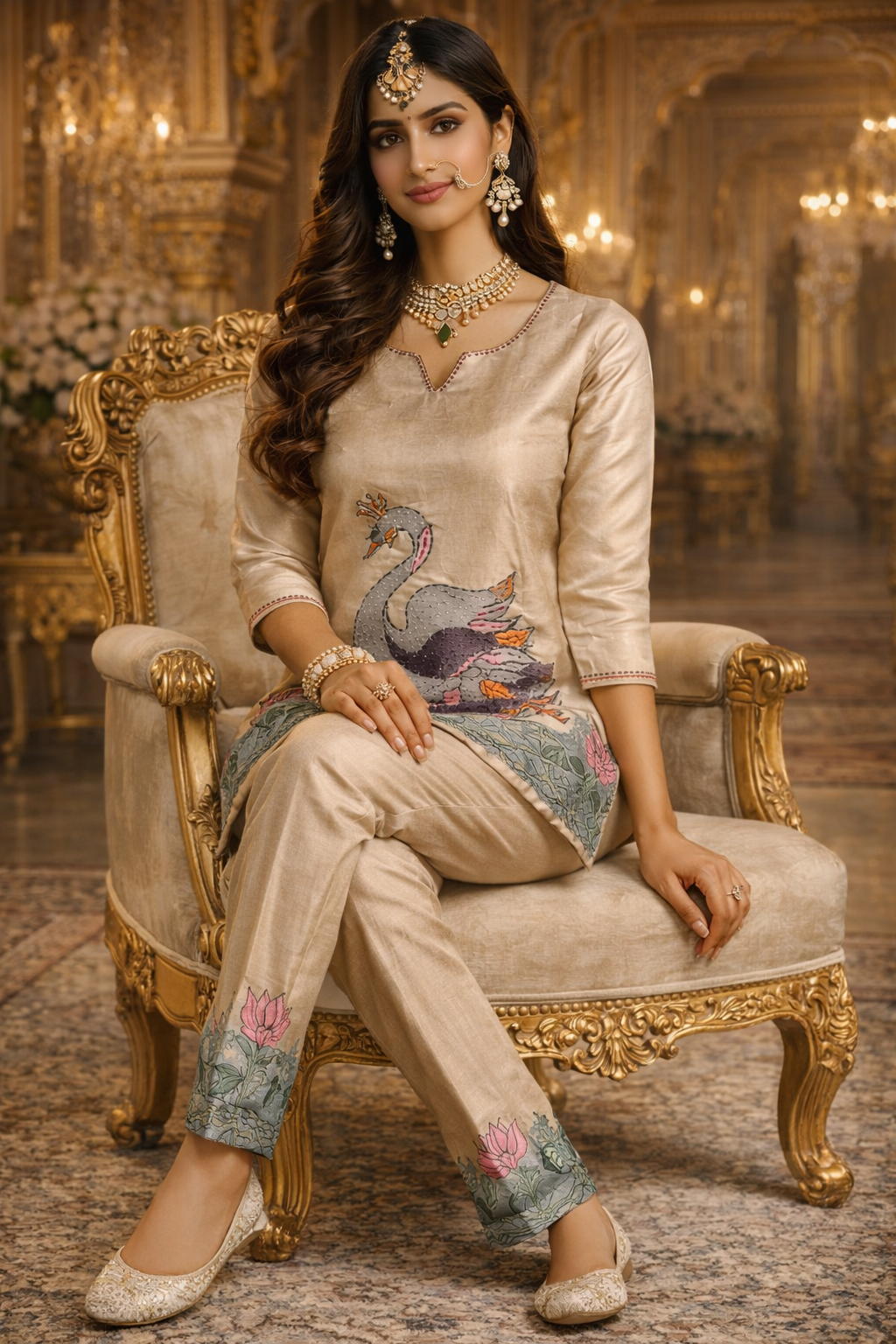 Beige Swan Motif Embroidered Kurta Set (SWDH19)
