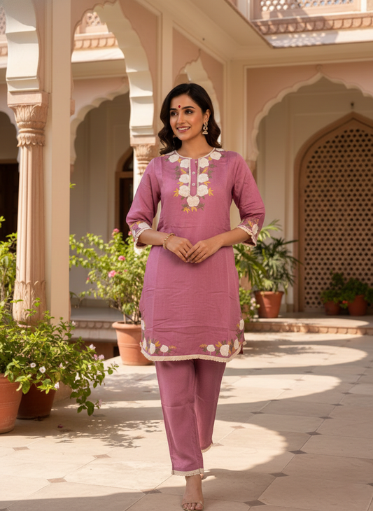Mauve Floral Embroidered Kurta Set (SWDH20)