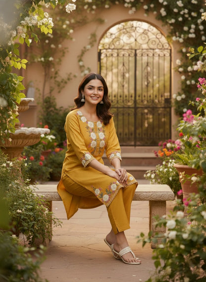 Mustard Yellow Floral Embroidered Kurta Set (SWDH21)