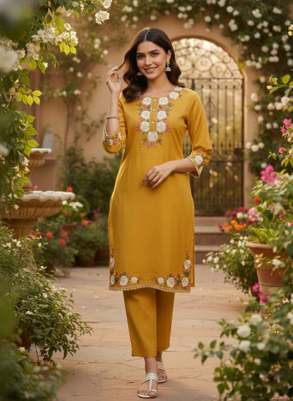 Mustard Yellow Floral Embroidered Kurta Set (SWDH21)
