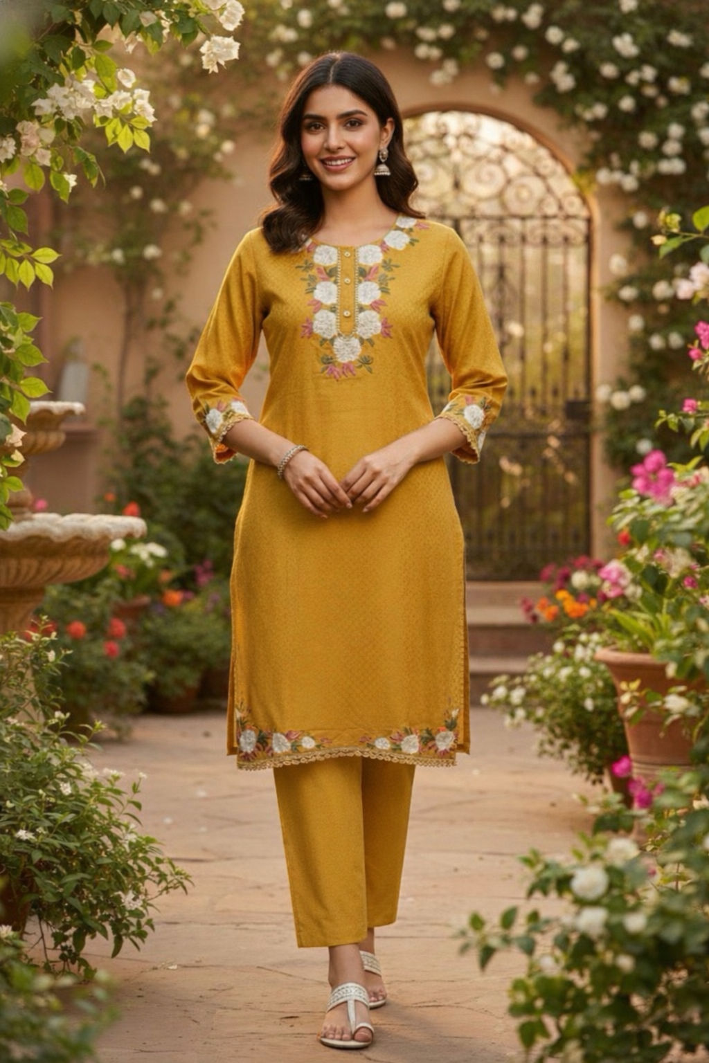 Mustard Yellow Floral Embroidered Kurta Set (SWDH21)
