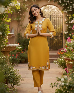 Mustard Yellow Floral Embroidered Kurta Set (SWDH21)
