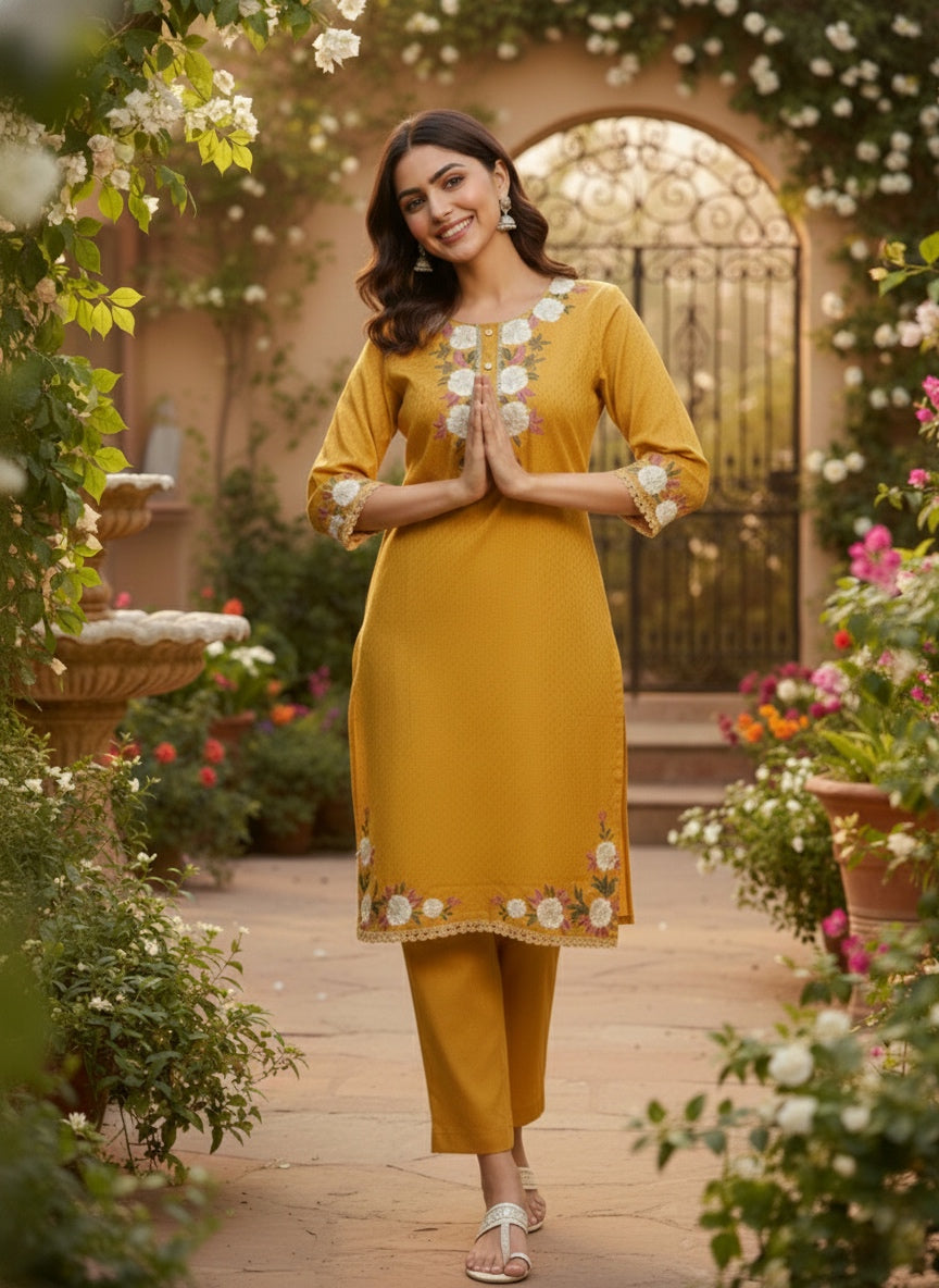 Mustard Yellow Floral Embroidered Kurta Set (SWDH21)