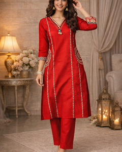 Red Printed & Embellished Kurta Set for Women (SWDH30)