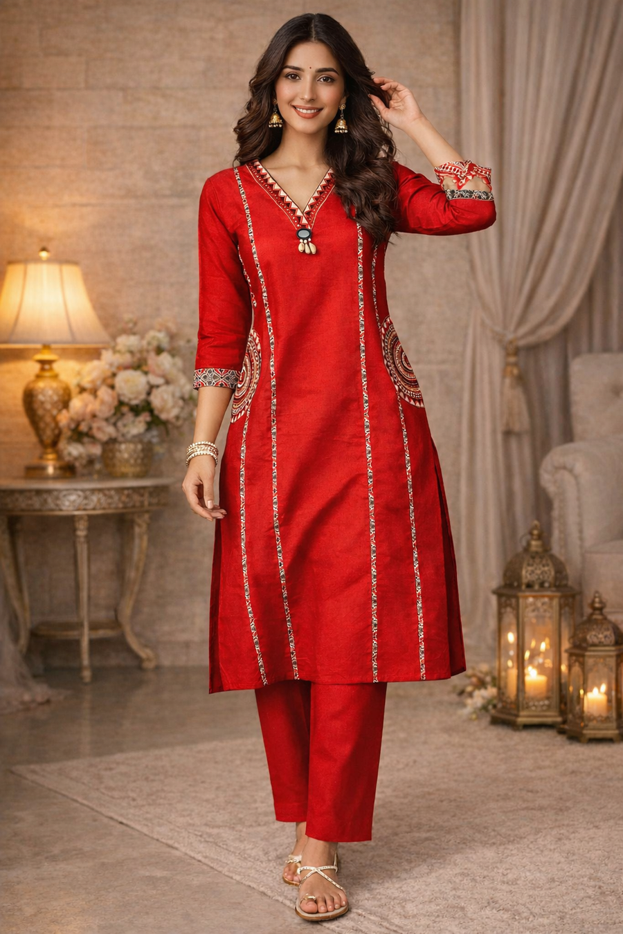 Red Printed & Embellished Kurta Set for Women (SWDH30)