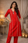 Red Printed & Embellished Kurta Set for Women (SWDH30)