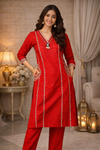 Red Printed & Embellished Kurta Set for Women (SWDH30)