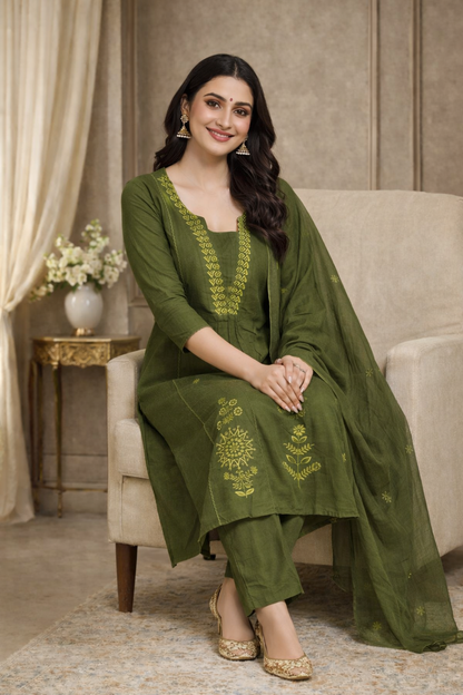 Olive Green Embroidered Kurta Set with Dupatta (SWDH22)