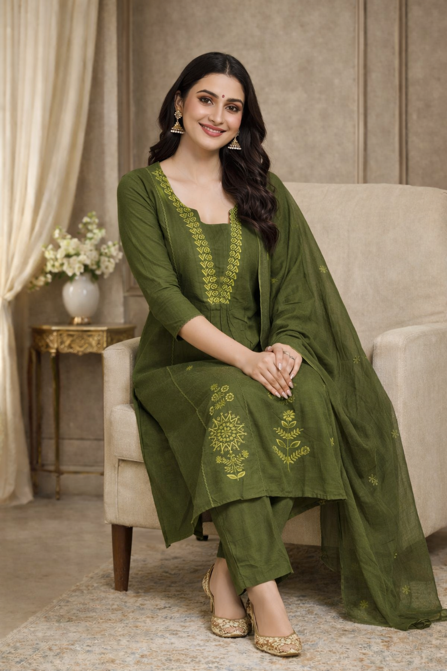 Olive Green Embroidered Kurta Set with Dupatta (SWDH22)