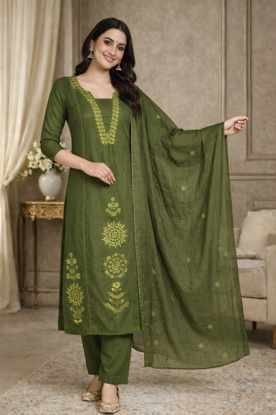 Olive Green Embroidered Kurta Set with Dupatta (SWDH22)