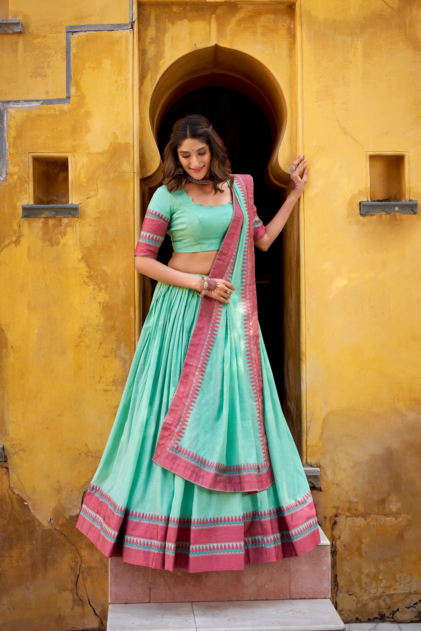 TILTON OCCASION SPECIAL PURE CHANDERI THREAD WORK LEHENGA CHOLI WITH DUPATTA