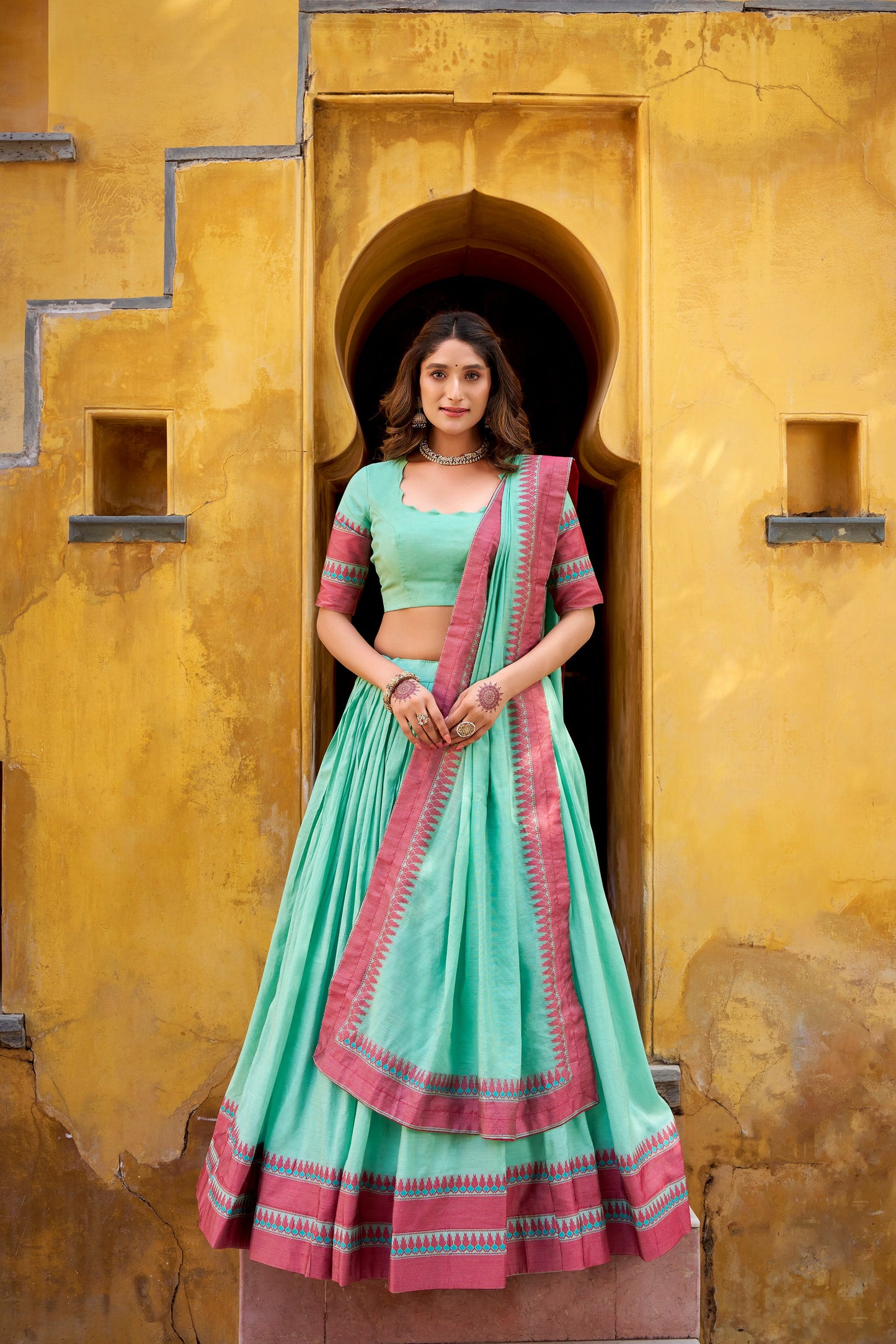 TILTON OCCASION SPECIAL PURE CHANDERI THREAD WORK LEHENGA CHOLI WITH DUPATTA