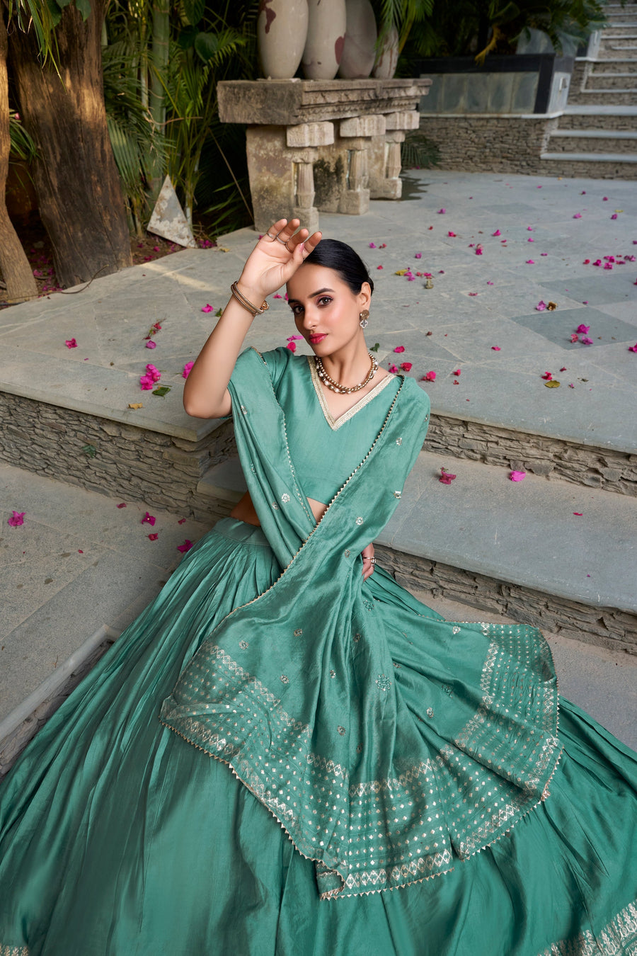 PURE CHANDERI ZARI WEAVING LEHENGA CHOLI WITH SEQUINS EMBROIDERED DUPATTA (WDN88) 02