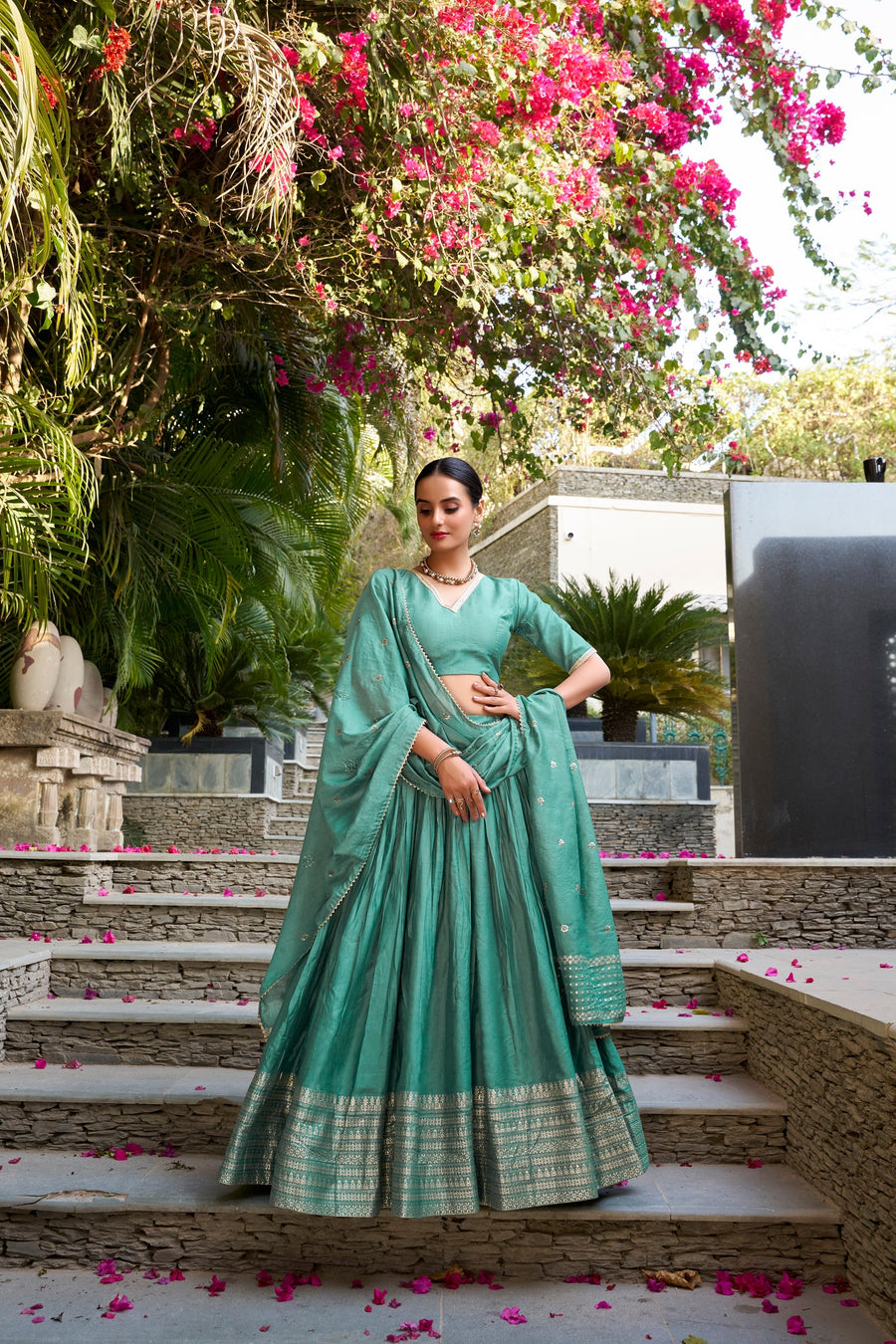 PURE CHANDERI ZARI WEAVING LEHENGA CHOLI WITH SEQUINS EMBROIDERED DUPATTA (WDN88) 02