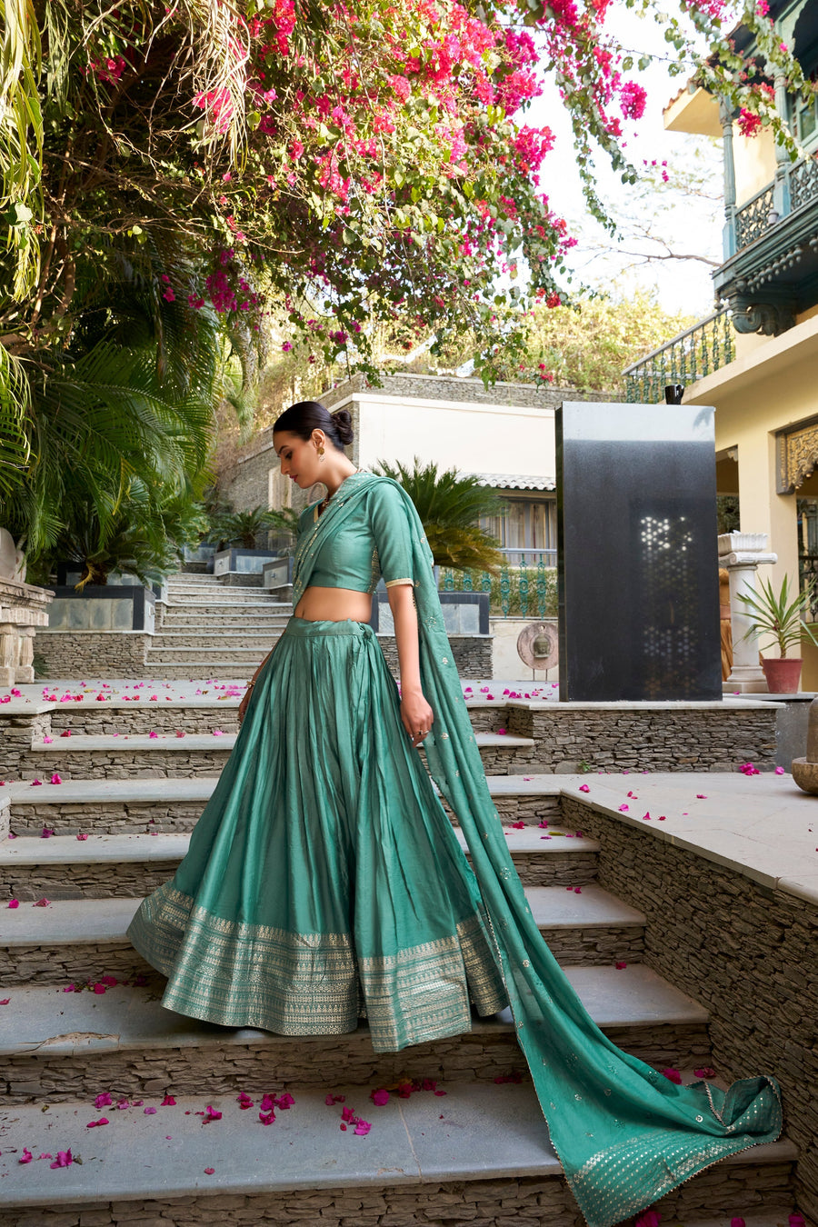 PURE CHANDERI ZARI WEAVING LEHENGA CHOLI WITH SEQUINS EMBROIDERED DUPATTA (WDN88) 02