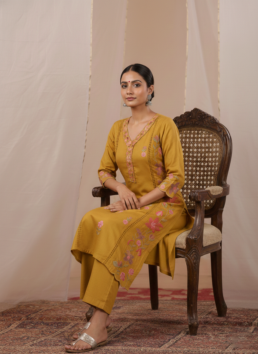 Mustard Floral Embroidered Kurta Set with Dupatta for Women (SWDH08)