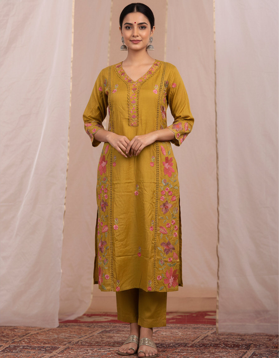Mustard Floral Embroidered Kurta Set with Dupatta for Women (SWDH08)