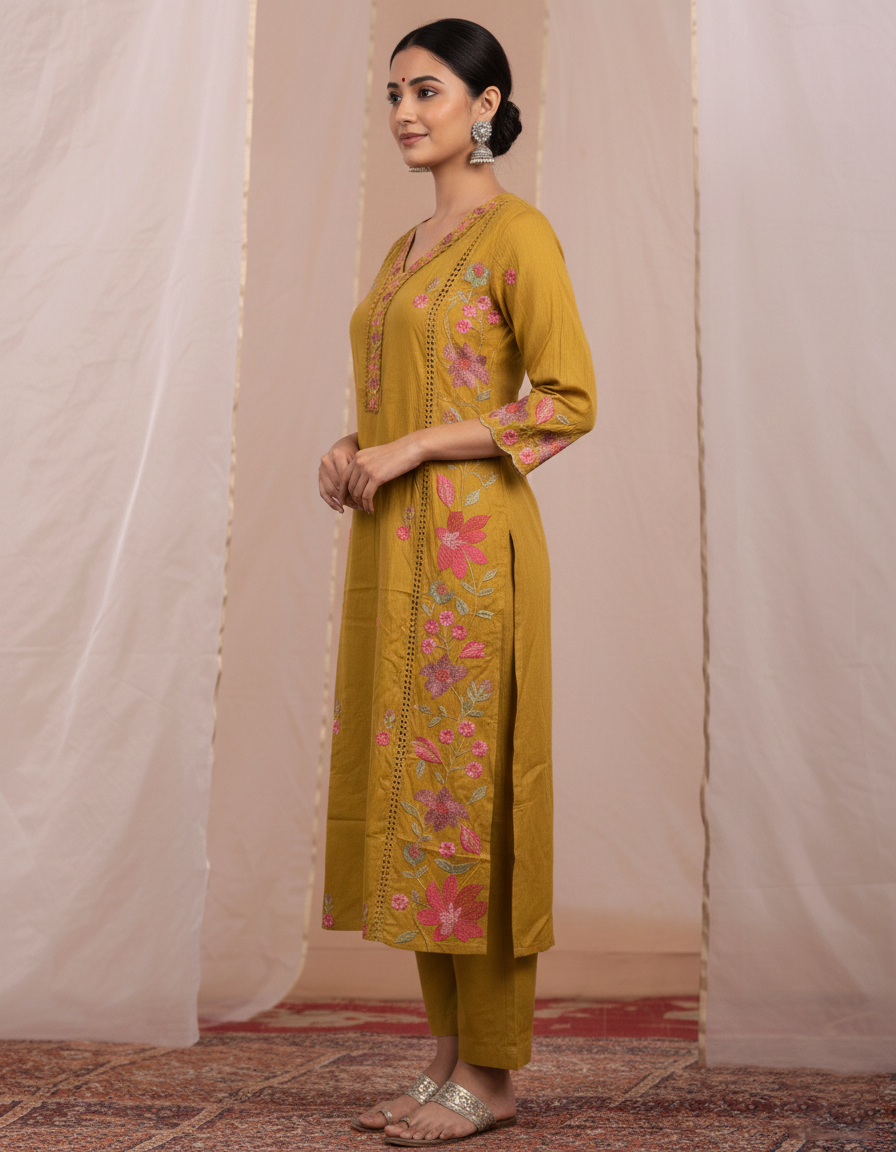 Mustard Floral Embroidered Kurta Set with Dupatta for Women (SWDH08)