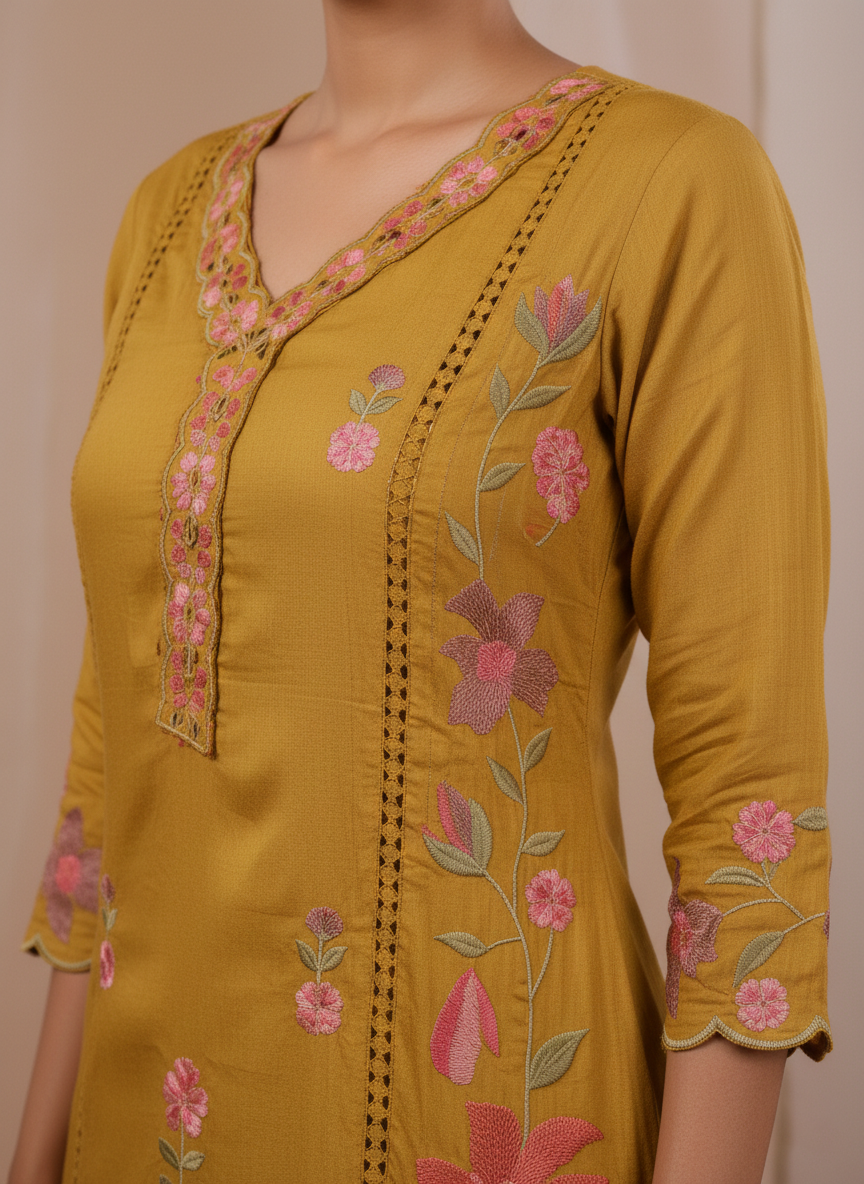 Mustard Floral Embroidered Kurta Set with Dupatta for Women (SWDH08)
