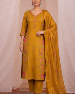 Mustard Floral Embroidered Kurta Set with Dupatta for Women (SWDH08)