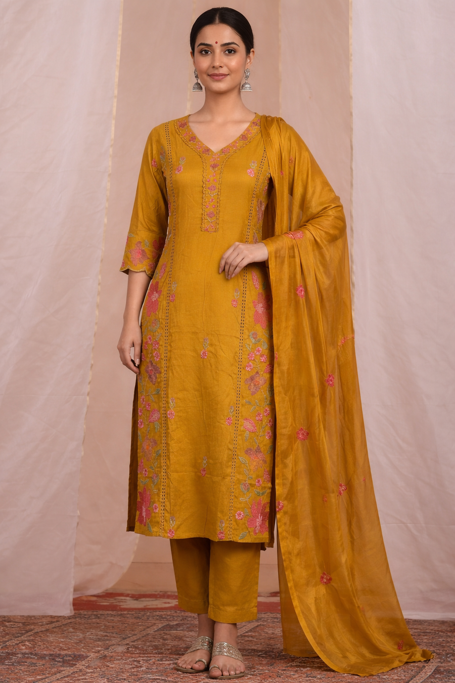 Mustard Floral Embroidered Kurta Set with Dupatta for Women (SWDH08)