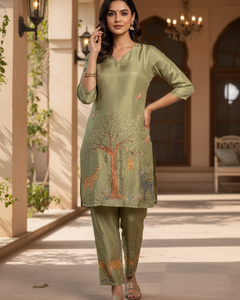 Olive Green Nature-Inspired Printed Kurta Pant Set (SWDH24)