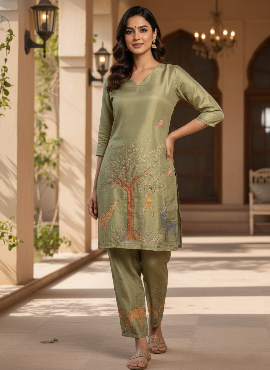 Olive Green Nature-Inspired Printed Kurta Pant Set (SWDH24)