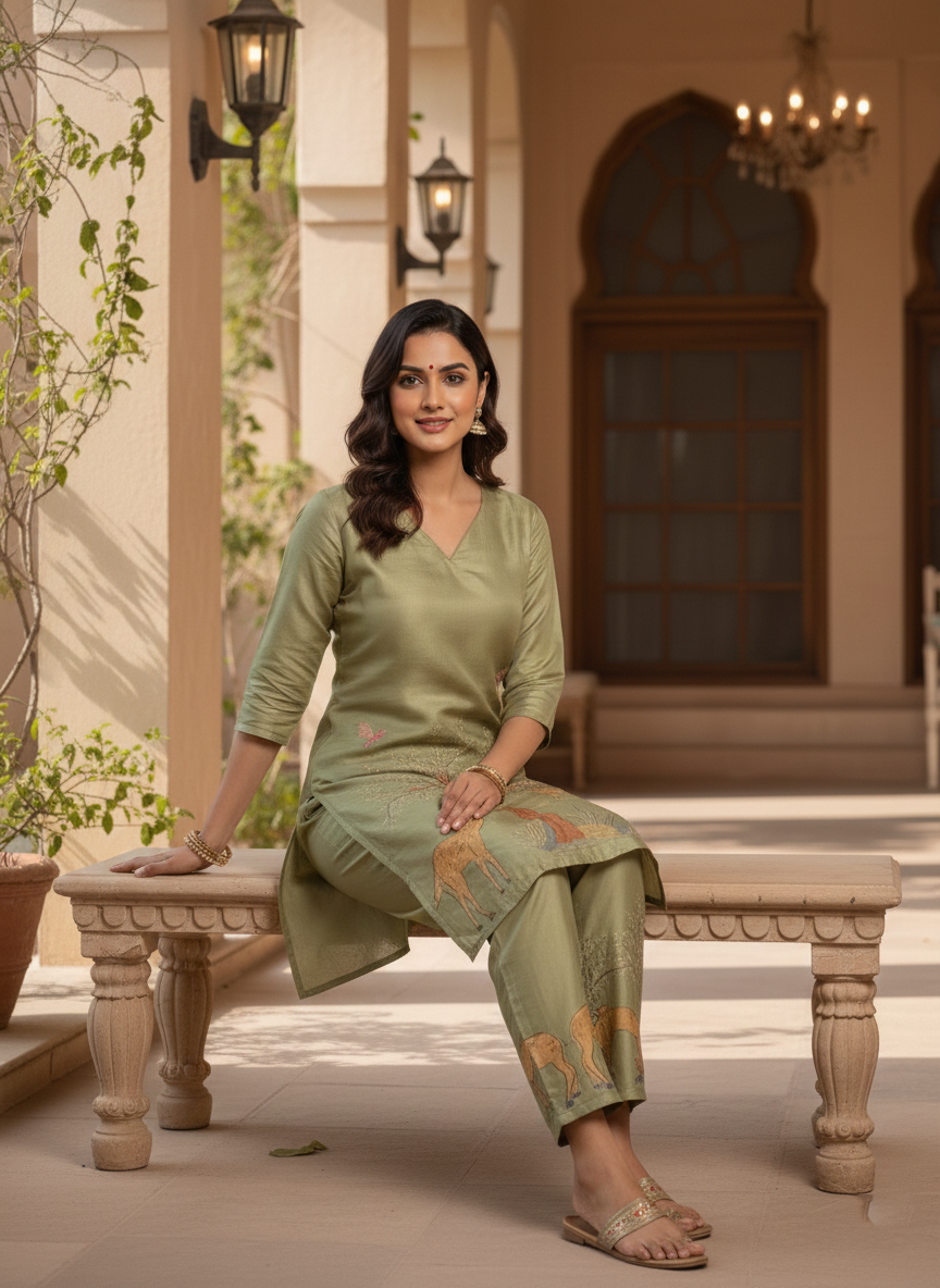 Olive Green Nature-Inspired Printed Kurta Pant Set (SWDH24)