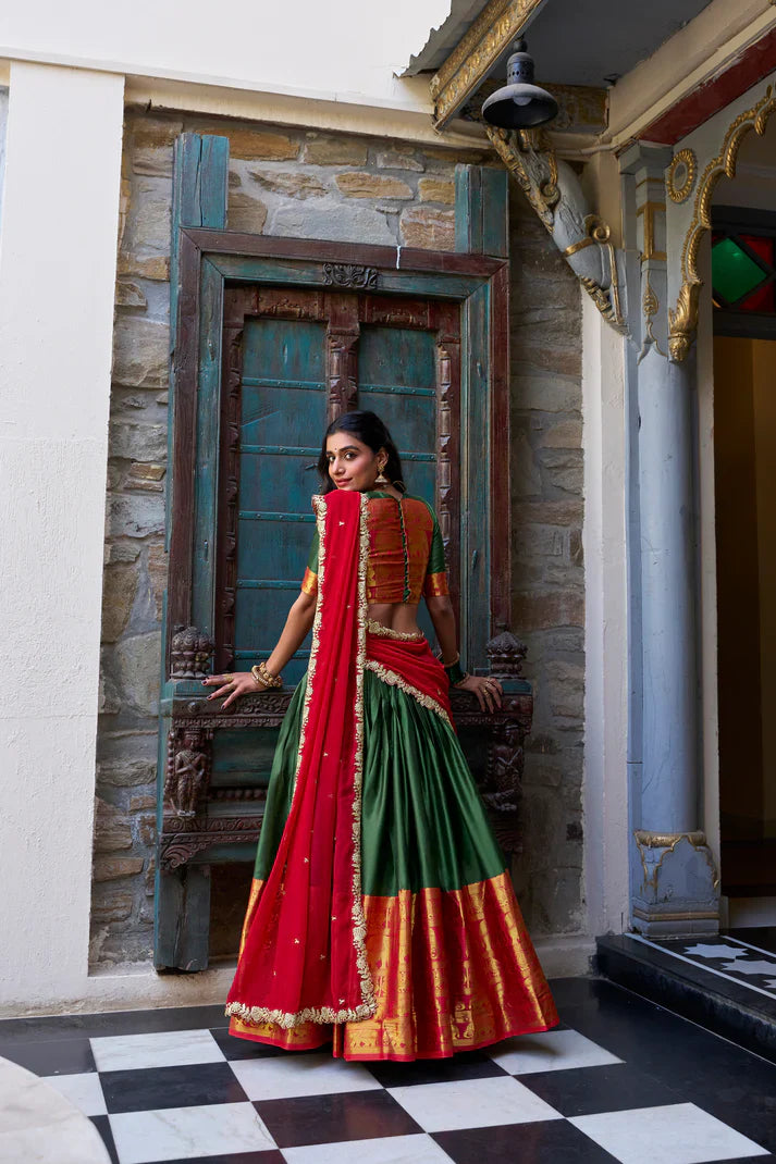 NARAYAN PATTU LEHENGA CHOLI WITH GEORGETTE EMBROIDERED DUPATTA(WD97)(01)
